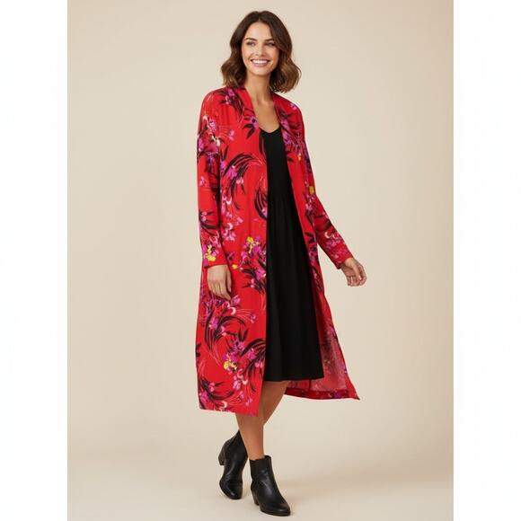 Boho Chic Red Black Floral Duster Kimono Cardigan Cover Up Sz M Knee Length NWT - Picture 1 of 10